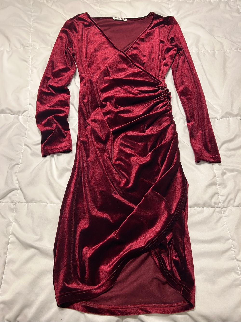Wrap V Neck Long Sleeve Velvet Dress